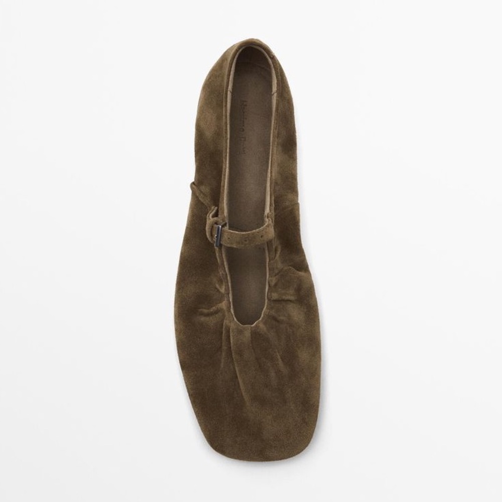 Massimo Dutti Olive Suede Mary Jane Flats